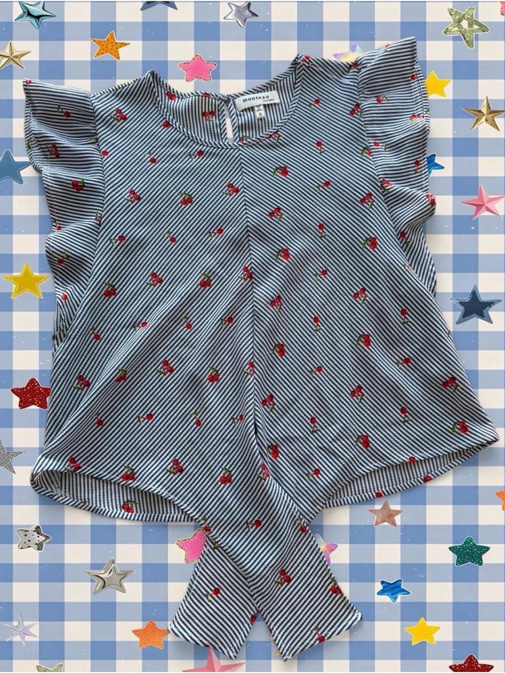 Monteau Blue and Red Striped Cherry Print Ruffle Sleeve Blouse